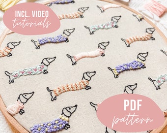 PDF PATTERN. Dachshund sausage dog doggie embroidery design. Digital download with video tutorials.