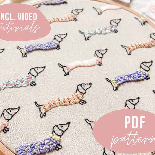 PDF PATTERN. Dachshund sausage dog doggie embroidery design. Digital download with video tutorials.