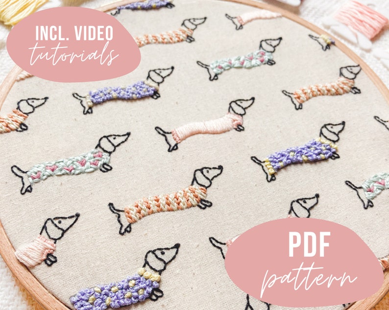 PDF PATTERN. Dachshund sausage dog doggie embroidery design. Digital download with video tutorials. image 1