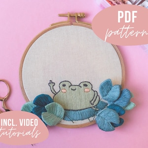 PDF PATTERN. Cute frog with 3D leaves embroidery design. Digital download with video tutorials.