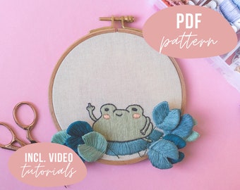 PDF PATTERN. Cute frog with 3D leaves embroidery design. Digital download with video tutorials.