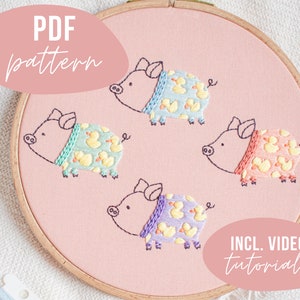 PDF-PATROON. Varkens in pyjama borduurontwerp. Digitale download met video-tutorials. afbeelding 1