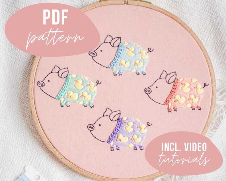 PDF-PATROON. Varkens in pyjama borduurontwerp. Digitale download met video-tutorials. afbeelding 1