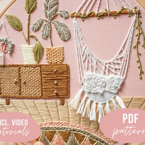 PDF PATTERN. Urban Jungle - boho livingroom embroidery design. plant embroidery. Digital download with video tutorials.