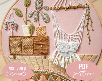 PDF PATTERN. Urban Jungle - boho livingroom embroidery design. plant embroidery. Digital download with video tutorials.