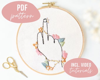 PDF PATTERN. Middlefinger in flower Design. Line art embroidery.  Digital download with video tutorials.