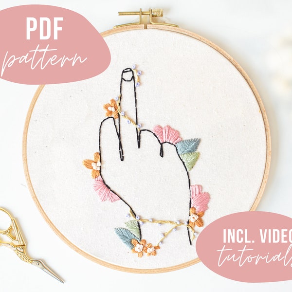 PDF PATTERN. Middlefinger in flower Design. Line art embroidery.  Digital download with video tutorials.