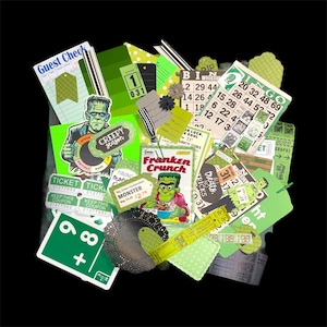 May include: A collection of green and black Halloween-themed ephemera, including tags, tickets, and bingo cards. The image features Frankenstein's monster on several items, with text like "Creepy Season" and "Franken Crunch".