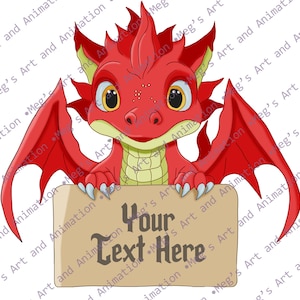 Puede incluir: Un dragón rojo de dibujos animados con grandes alas y ojos amarillos sostiene un letrero que dice "Your Text Here". El dragón tiene una barriga verde y está sobre un fondo blanco. La imagen es una ilustración digital.