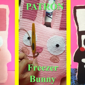 May include: A pink crocheted bunny pillow with white eyes and a brown nose. The bunny is holding a crochet hook in its hand. The text "PATRÓN Freezer Bunny" is visible in the image.