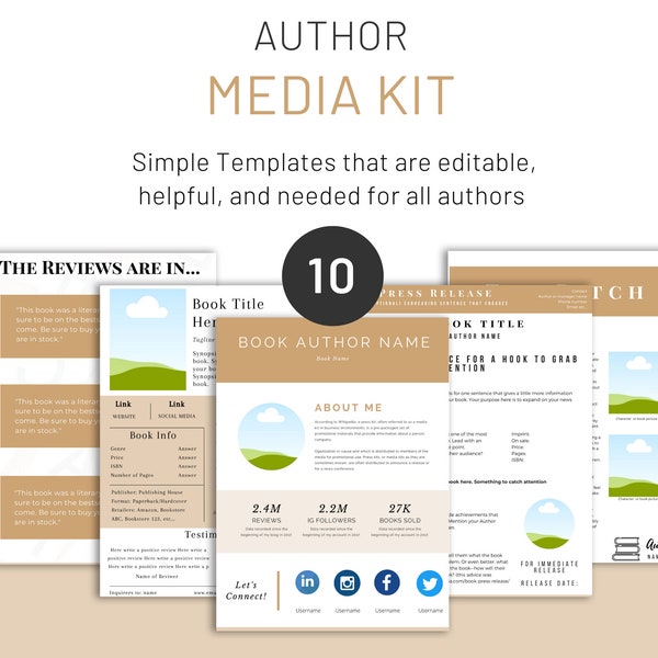 10 Book Author media kit Templates for book publicity, author marketing, writer, self publishing, social media , press kit, instant download