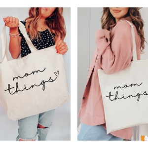 Mom Things Zippered Tote Bag, Jumbo Canvas Tote Bag, Happy Mothers Day Shopping Bag, Mom Stuff Tote Bag, Mama Tote Bag