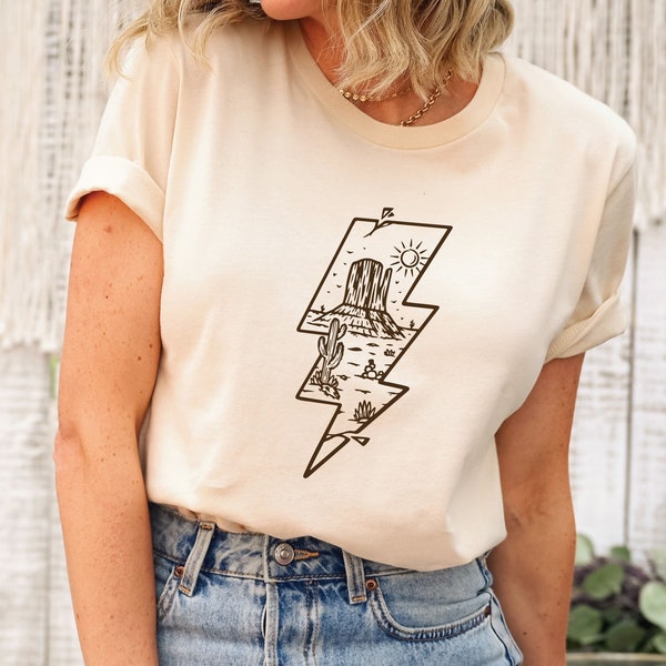 Lightning Bolt Western Shirt, Minimalist, Western Tshirt, Cowgirl T Shirt, Desert Cactus Silhouette Shirt, Desert Cactus Graphic Tee