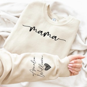 Custom Mama Sweatshirt with Kid Name on Sleeve, Mom Gift From Kids, Personalized Mom Sweatshirt, Sweatshirts For Mom, Mama Sweatshirt