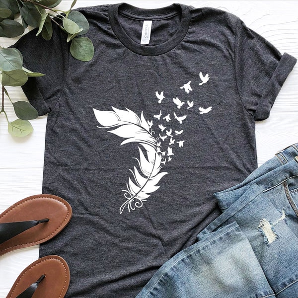 Feather Birds Shirt, Feather Tshirt, Women Bird T-shirt, Bird T Shirt, Feather Shirt, Minimalist,Gift For Her,Gift For Him