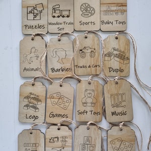 Personalisierte Spielzeug Lagerung Tags, Spielzeugetiketten, Spielzeugraum Organisation, Haus Organisation Labels, Holzetiketten, Spielzeugkisten Tags, Organisations Tags