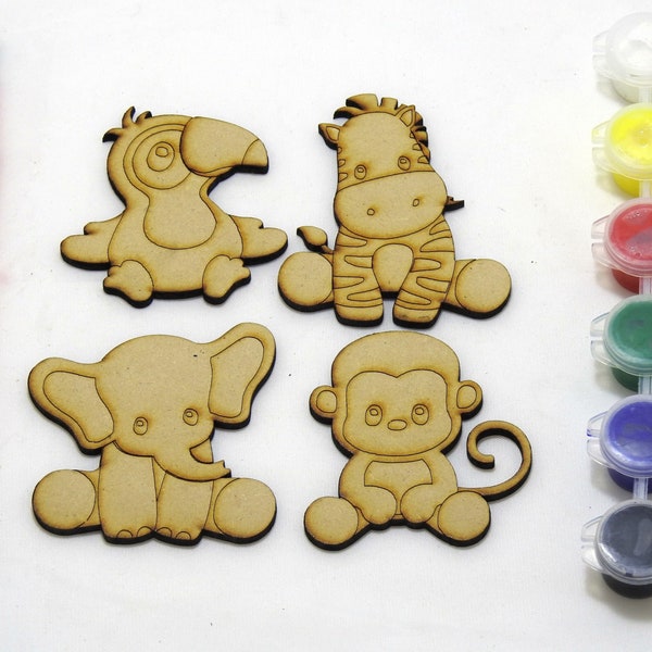 DIY Kids Wooden Unfinished Zoo Animals Blanks to Paint - Comes as an Awesome 4 or 8 Piece Art and Craft Kits - Outlines, Magnets or Keyrings