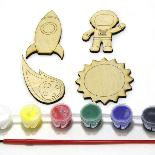 DIY Wooden Unfinished Space Blanks For Kids to Paint - Comes as an Awesome 4 or 8 Piece Art and Craft Kits - Outlines, Magnets or Keyrings