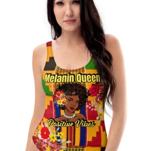 One-Piece Swimsuit -Melanin Queen Positive Vibes Kente African Royalty 2.0 hot cool trendy style classic chic apparel QSW185