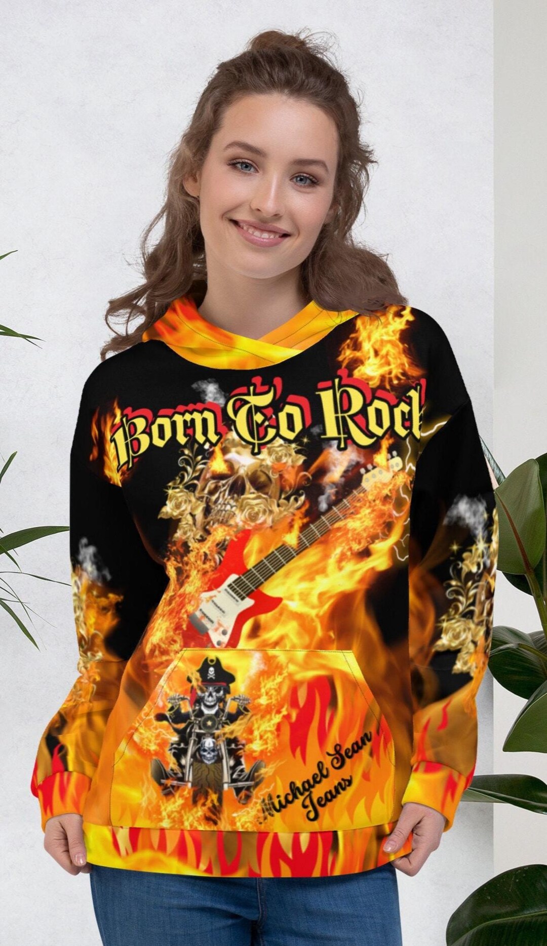 Born to Rock Hoodie - Skull Guitar Flames - Unisex Graphic Sweatshirt ...