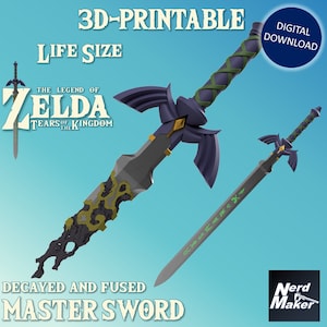 May include: A 3D printable model of the Master Sword from The Legend of Zelda: Tears of the Kingdom. The sword is shown in two states: a decayed and fused version, and a pristine version. The model is life-size and available for digital download.