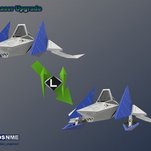 May include: A white spaceship with blue wings and a green arrow pointing down. The text "Dual-Laser Upgrade" is at the top of the image. The text "DSNME" is at the bottom of the image.