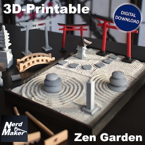 May include: 3D-Printable Zen Garden model kit with a pagoda, bridge, torii gates, and raked sand. The kit is a digital download.