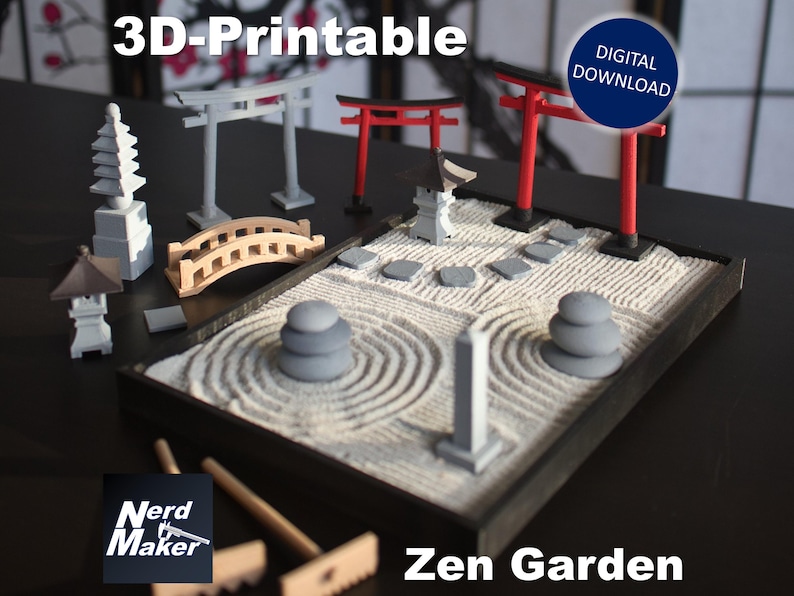 May include: 3D-Printable Zen Garden model kit with a pagoda, bridge, torii gates, and raked sand. The kit is a digital download.