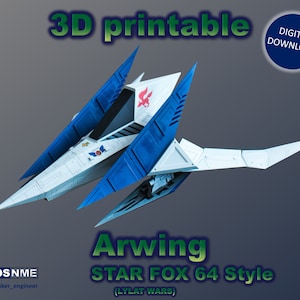 Puede incluir: Un modelo 3D imprimible de la nave espacial Arwing del videojuego Star Fox 64. El modelo es blanco y azul con un emblema rojo y blanco en la parte superior. El texto "3D printable", "Digital Download", "Arwing", "STAR FOX 64 Style" y "(LYLAT WARS)" es visible en la imagen.