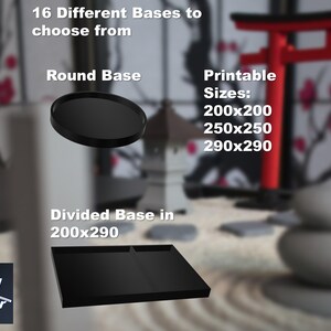 May include: A black round base and a black divided base for miniature figures. The bases are available in three sizes: 200x200, 250x250, and 290x290.