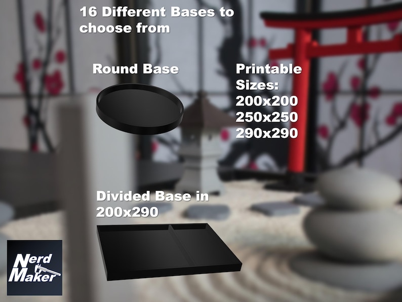 May include: A black round base and a black divided base for miniature figures. The bases are available in three sizes: 200x200, 250x250, and 290x290.