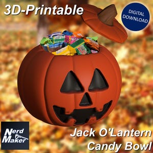 May include: A 3D printable Jack O'Lantern candy bowl with a removable lid. The bowl is orange and has a carved face with black eyes, nose, and mouth. The bowl is filled with colorful candy.