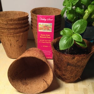 Coco Coir Pots + Free Seeds; 3 1/4” Round Pots; Seed Starting, Biodegradable, Renewable, Performs Superior to Peat Moss