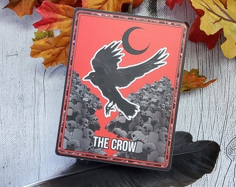 MATTE STICKER: Crow Tarot Card Style Sticker , Red Tarot Card Style Sticker , Crow Sticker , Omen Sticker