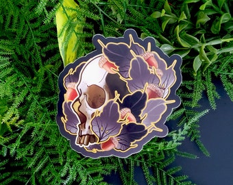 MATTE STICKER: Tattoo Style Skull and Acorns , Skull and Acorn Sticker , Goth Skull and Leaves Sticker , Tattoo Style , Dark Aesthetic