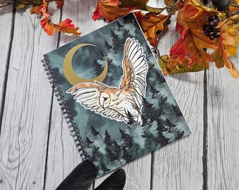 SPIRAL NOTEBOOK: Forest Owl and Gold FOIL Moon Dot Grid Pages , Forest Owl Notebook , Owl and Moon Art , Barn Owl Notebook