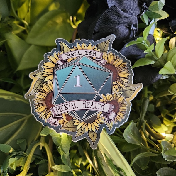 MATTE STICKER: D20 Roll for Mental Health Natural One , Floral D20 Sticker , Floral D20 Stickers, D20 Sticker , D20 Natural One Sticker