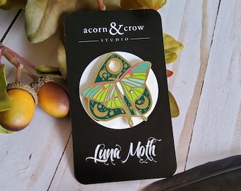 ENAMEL PIN: Luna Moth and Forest Green Planchette , Luna Moth and Planchette Enamel Pin , Luna Moth Enamel Pin , Planchette Enamel Pin