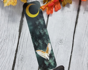 BOOKMARK: Forest Owl and Gold Moon , Dark Forest and Barn Owl Bookmark , Owl and Moon Art , Barn Owl Bookmark