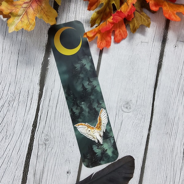 BOOKMARK: Forest Owl and Gold Moon , Dark Forest and Barn Owl Bookmark , Owl and Moon Art , Barn Owl Bookmark