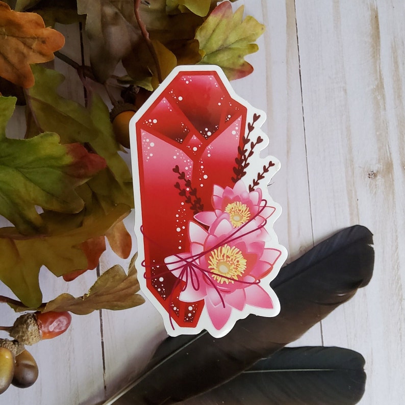 GLOSSY STICKER: July Ruby and Water Lily Crystal , July Birthstone and Flower Sticker , July Ruby Sticker , Ruby Crystal Sticker , Crystals 