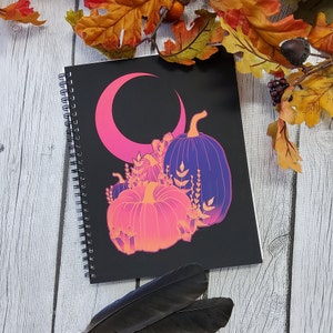 SPIRAL NOTEBOOK: Psychadelic Pumpkins and Moon Lined Pages , Pumpkin Journal , Orange and Purple Pumpkins