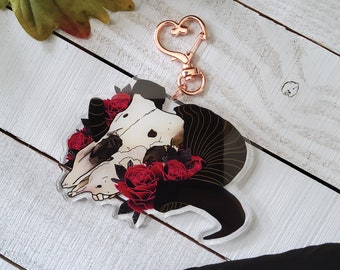 ACRYLIC CHARM Double Sided: Ram Skull and Roses , Ram Skull Charm , Skull Charm , Skull and Roses Charm , Ram Skull Charm , Goth Charm