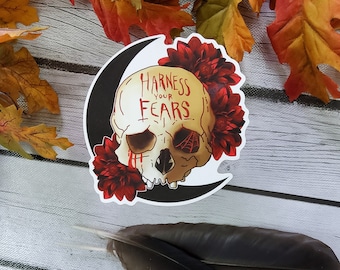 GLOSSY STICKER: Harness Your Fears Skull and Dahlias Sticker , Dahlia Skull Sticker , Dahlia Sticker , Dark Skull and Roses , Stickers