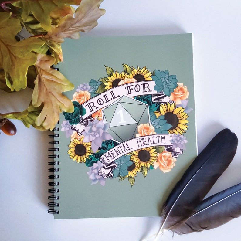 SPIRAL NOTEBOOK: D20 Roll for Mental Health Natural One , Floral D20 Notebook , Floral D20 Blank Notebook , D20 Notebook , D20 Natural One 