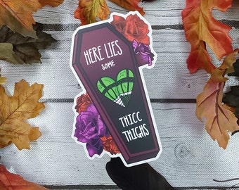 MATTE STICKER: Here Lies some Thicc Thighs Die Cut , Monster Girl and Roses Sticker , Coffin and Roses Sticker , Red and Purple Roses