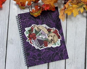 SPIRAL NOTEBOOK: The Story-Teller D20 with Florals , Floral D20 Notebook , Floral D20 Blank Notebook , D20 Notebook , D20 Story-Teller