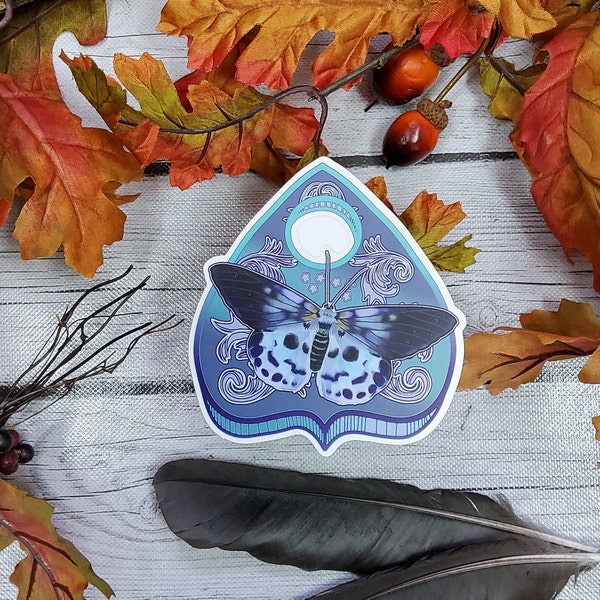 MATTE STICKER: Blue Tiger Moth Planchette , Blue Tiger Moth Sticker , Blue Tiger Moth Blue Sticker , Moth Stickers , Planchette Stickers