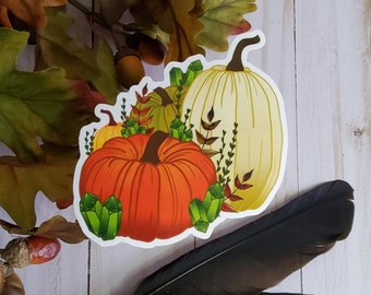 GLOSSY STICKER: Pumpkin and Green Crystals Autumn , Autumn Pumpkin Sticker , Fall Pumpkin Sticker , Pumpkin Sticker , Fall Sticker , Autumn