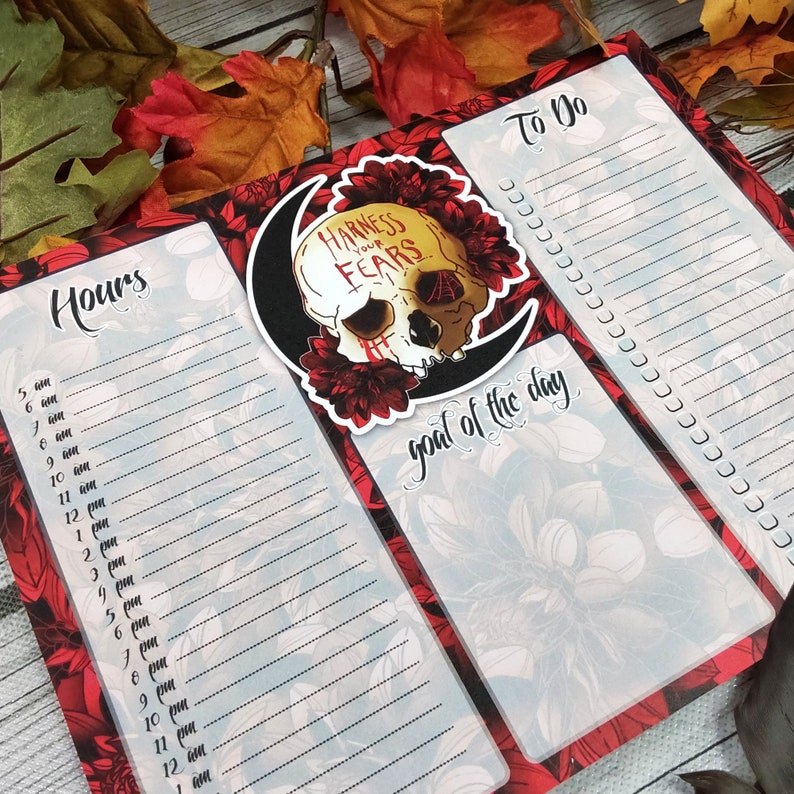HOURLY PLANNER: Harness Your Fears Skull and Dahlia Flowers , Red and Black Skull Stationery , Skull and Floral Art , Skull Art , Floral Art image 5